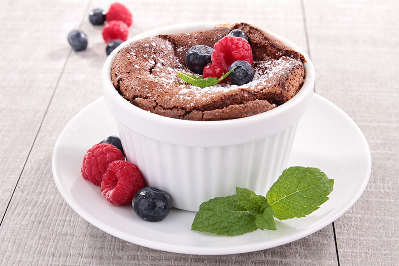 Chocolate souffle with fresh berries